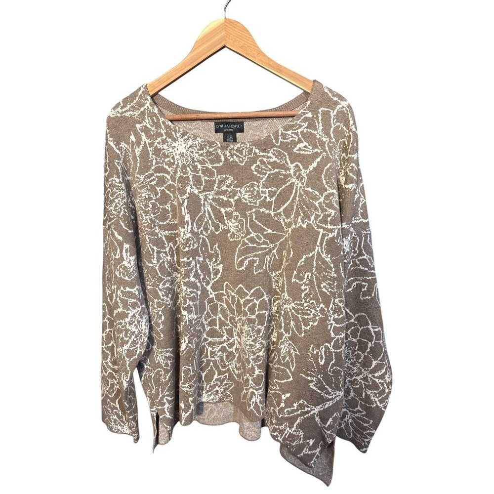 Cynthia Rowley Floral Knit Sweater US 2X Brown & White Rayon/Polyester/Nylon‎